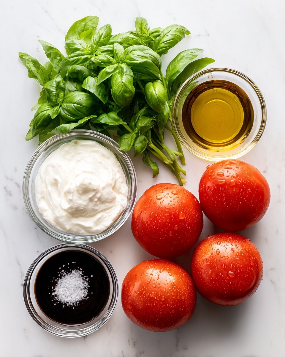 The image shows six main items arranged neatly on a white marbled surface. Three bright red tomatoes are grouped on the right side, all smooth and fresh with water droplets on them. To the left, a bunch of green basil leaves with visible veins and texture spread out in a loose pile. Above the basil, there is a small clear glass bowl filled with a white creamy substance that looks smooth and thick. In the middle at the top, a clear bowl holds light golden olive oil that shines under the light. To the right of the oil, another clear bowl contains dark brown balsamic vinegar with a shiny surface. Finally, in the center below, a smaller clear bowl is filled with coarse white salt grains. The overall look is clean, fresh, and colorful, with natural textures standing out. photo taken with an iphone --ar 4:5 --v 7