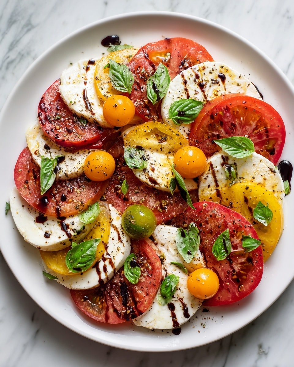 A white plate is arranged with alternating layers of thick, round slices of red and light pink tomatoes and white mozzarella cheese, each slice showing a smooth texture and slight charring on the cheese. Small, bright orange cherry tomato halves are scattered on top, adding pops of color. Fresh green basil leaves are placed evenly across the plate, bringing a vibrant contrast. The dish is lightly sprinkled with black pepper and drizzled with dark balsamic glaze spots. The plate sits on a white marbled surface. photo taken with an iphone --ar 4:5 --v 7