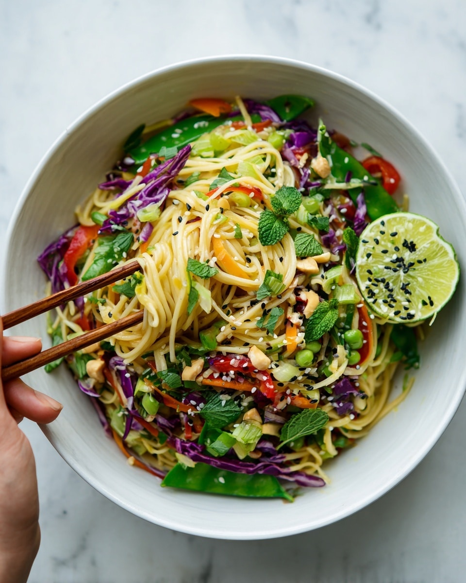 A white bowl full of a colorful noodle salad sits on a white marbled surface. The salad has multiple layers: at the bottom are thin, light yellow noodles being grabbed with a pair of wooden chopsticks held by a woman's hand. Mixed in are bright green sliced spring onions and snap peas, purple shredded cabbage, small orange carrot strips, red bell pepper pieces, chopped fresh green herbs like cilantro and mint, and some whole cashews. A half lime sprinkled with black and white sesame seeds rests on the right side of the bowl. The overall look is fresh, vibrant, and mixed with different textures and colors. Photo taken with an iphone --ar 4:5 --v 7