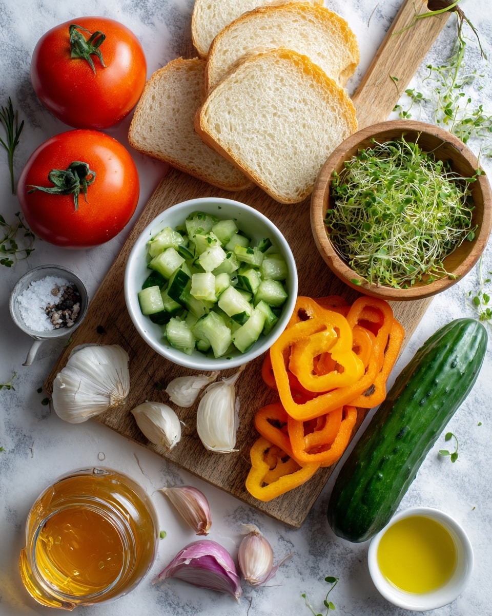 The image shows fresh ingredients on a wooden board placed on a white marbled surface. There are two whole red tomatoes with green stems on the left and bottom right side. Two slices of light tan bread with a soft texture are on the top middle of the board. A small wooden bowl on the top right holds fresh green sprouts with thin stems. Near the center, a white bowl is filled with chopped pale green cucumbers. A peeled garlic bulb with some loose cloves sits near the middle right. An orange bell pepper is cut in half and sliced, with smooth bright orange pieces scattered on the bottom right. A large cucumber, partially sliced and green with a shiny skin, lies diagonally across the lower left. Two pale purple shallots are placed near the cucumber and slices of bell pepper. At the lower left, a small glass container holds golden honey or syrup. Near the left edge, a white bowl contains coarse salt with a teaspoon inside. Another small white bowl near the center holds bright yellow olive oil. All the ingredients are fresh and brightly colored. Photo taken with an iphone --ar 4:5 --v 7