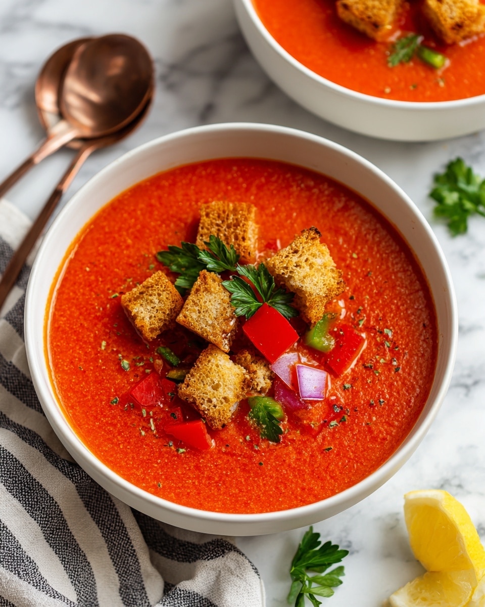 The image shows a white bowl filled with a smooth, bright red soup with a slightly chunky texture. On top of the soup, there are several beige croutons, small pieces of green bell pepper, red tomato cubes, and tiny bits of purple onion, all arranged in the center. A small green parsley leaf sits on the very top as garnish. The bowl is placed on a white marbled surface, with a striped cloth napkin and a copper spoon nearby. Another white bowl with the same soup and toppings is partly visible in the top right corner, and a lemon wedge and sprigs of fresh parsley are also seen on the white marbled background. Photo taken with an iphone --ar 4:5 --v 7