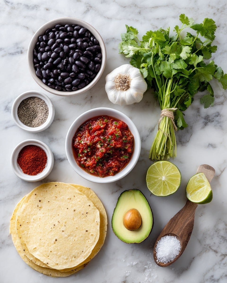 The image shows ingredients placed on a white marbled surface. At the top left, there is a small white bowl filled with dark black beans. Next to it is a bunch of fresh green cilantro tied together. Below the beans, there is a whole bulb of white garlic. In the center, a small white bowl contains a chunky red salsa with green herbs mixed inside. Below the salsa, two small white dishes hold different spices: the left with red chili powder and the right with brown cumin powder. Two lime halves with bright green skin and juicy flesh sit on the right side. At the bottom left, there are two yellow corn tortillas stacked. Just above the tortillas, a halved avocado with a dark seed and creamy green inside is placed. At the bottom right, a small wooden spoon holds white salt. photo taken with an iphone --ar 4:5 --v 7