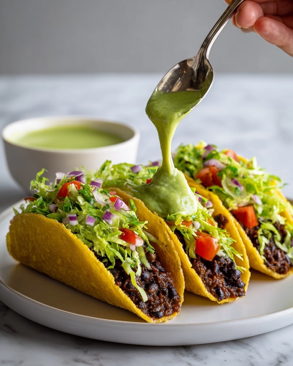 The image shows three yellow corn taco shells standing upright on a white plate, each filled with a dark brown black bean mixture at the base. On top of the beans, there is a thick, green creamy sauce being spread by a spoon held by a woman's hand above the tacos. Fresh green shredded lettuce is layered over the sauce, sprinkled with small red tomato pieces and finely chopped purple onions. In the background, there is a small white bowl with more green sauce, and the surface beneath the plate is white with a marbled texture. Photo taken with an iphone --ar 4:5 --v 7
