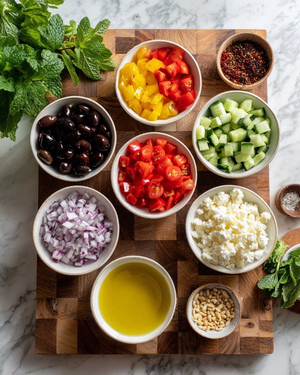 The image shows nine small white bowls arranged on a wooden checkered board. From top left to right, there are sliced dark olives, chopped cucumber, and halved cherry tomatoes in red and yellow. Below those are diced red bell pepper in the center, with chopped red onion to the right, and crumbled white cheese below the bell pepper. To the left of the cheese is a bowl of golden olive oil. There is a small bowl with pine nuts, another with dark red spice, and a small bowl holding salt and pepper nearby. Fresh green herbs like mint and parsley are placed near the bowls. The scene is bright and clear with a white marbled surface under the board, photo taken with an iphone --ar 4:5 --v 7
