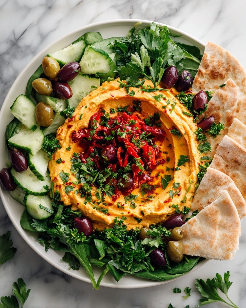 A white plate holds a colorful Mediterranean dish with four main layers: the base layer is fresh green spinach leaves spread around the edges; next, chopped cucumbers, black and green olives, and red roasted pepper pieces form a vibrant middle ring; in the center is a smooth, creamy orange hummus spread; surrounding the plate are three slices of pita bread arranged neatly on the right side; the dish is garnished with fresh green parsley pieces scattered on top. The background is a white marbled texture. photo taken with an iphone --ar 4:5 --v 7