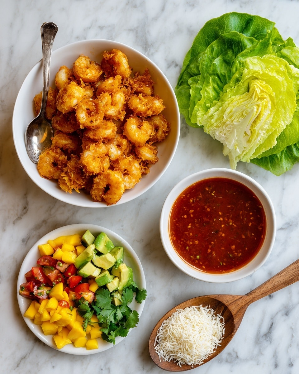 The image shows a white bowl filled with golden, crispy fried shrimp pieces, placed on a white marbled surface. Near the bowl, there is a small white bowl of bright red dipping sauce with a smooth texture, sitting next to a silver spoon that has some sauce on it. A large green lettuce leaf with smooth, fresh-looking leaves is positioned above the sauce. Below the lettuce and bowls, there is a colorful pile of diced mango, avocado, tomato, and cilantro, creating a mix of yellow, green, and red colors with a fresh texture. A wooden spoon holds a scoop of light beige shredded coconut or almond flakes. The scene is clear and well lit, photo taken with an iphone --ar 4:5 --v 7