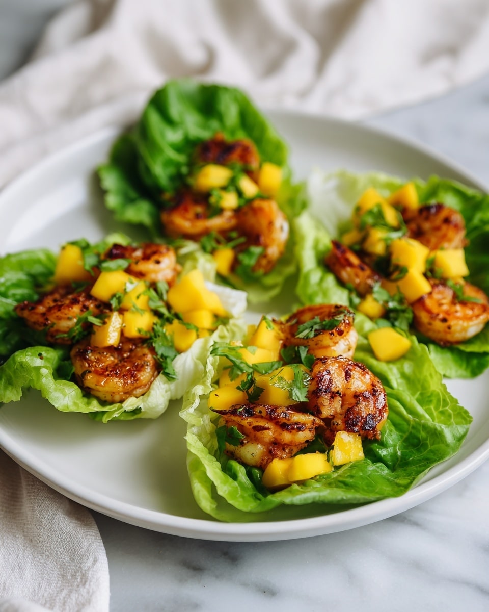 The image shows a white plate on a white marbled surface with three small lettuce cups arranged on it. Each cup is made of light green, crisp lettuce leaves acting as a base. Inside the cups, there are several pieces of grilled shrimp, golden brown with a slightly charred texture. Bright yellow mango chunks and small bits of green herbs are scattered on top of the shrimp, adding vibrant color and freshness. The overall look is fresh, light, and colorful with a mix of green, brown, yellow, and green shades. A white cloth with a soft texture is blurred in the background. Photo taken with an iphone --ar 4:5 --v 7