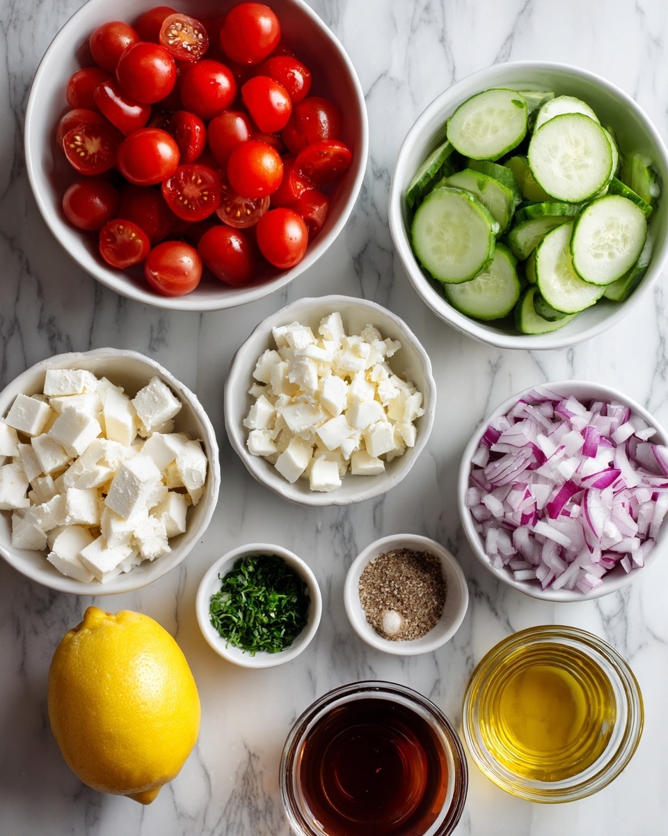 The image shows several white bowls and small white cups arranged on a white marbled surface. There are four main white bowls: one filled with halved bright red cherry tomatoes, one with thinly sliced light green cucumbers layered neatly, one with small white cubes of cheese, and one with thinly sliced purple onions. Below these are small white cups holding finely chopped green herbs, coarse salt and pepper, minced garlic, and a grainy mustard. Next to these is a whole bright yellow lemon, along with two small clear glasses containing golden olive oil and a dark reddish-brown liquid. The colors of the fresh ingredients stand out nicely against the clean white bowls and marbled background. photo taken with an iphone --ar 4:5 --v 7