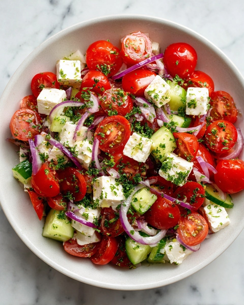 The image shows a white round plate filled with a colorful salad. The top layer has bright red cherry tomato halves scattered evenly. Mixed with the tomatoes are medium-sized white cheese cubes that look soft and crumbly. Thin slices of purple onion are spread throughout the salad, curling slightly. Below these, there are chunks of green cucumber with a fresh, crisp texture. Small pieces of dark green parsley are sprinkled all over, adding a fresh look. Everything rests on a white marbled surface, which makes the colors of the salad stand out. photo taken with an iphone --ar 4:5 --v 7