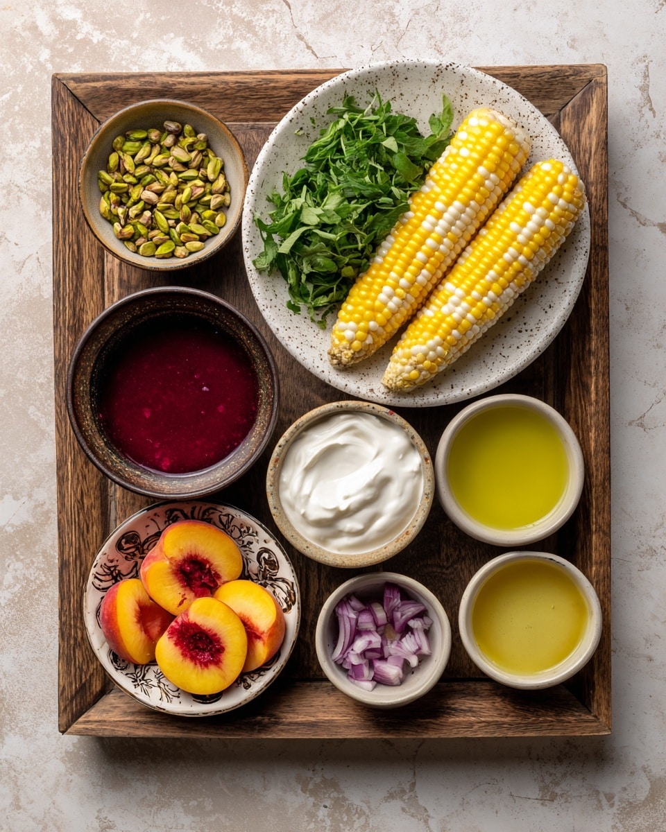 The image shows a wooden tray on a white marbled surface, holding various small bowls and a large white speckled plate. On the large plate, two ears of yellow and white corn are placed side by side, above a pile of fresh green leafy herbs in a dark brown bowl. Next to it, a small white bowl contains thick white cream. Surrounding the plate on the wooden tray are six small bowls arranged around it; a bowl of bright red syrup, a bowl of green pistachios, a bowl of light yellow liquid, another bowl of golden yellow liquid, a small bowl filled with chopped purple onions, and a decorated white bowl holding four halves of ripe orange peaches with visible red centers. Photo taken with an iphone --ar 4:5 --v 7