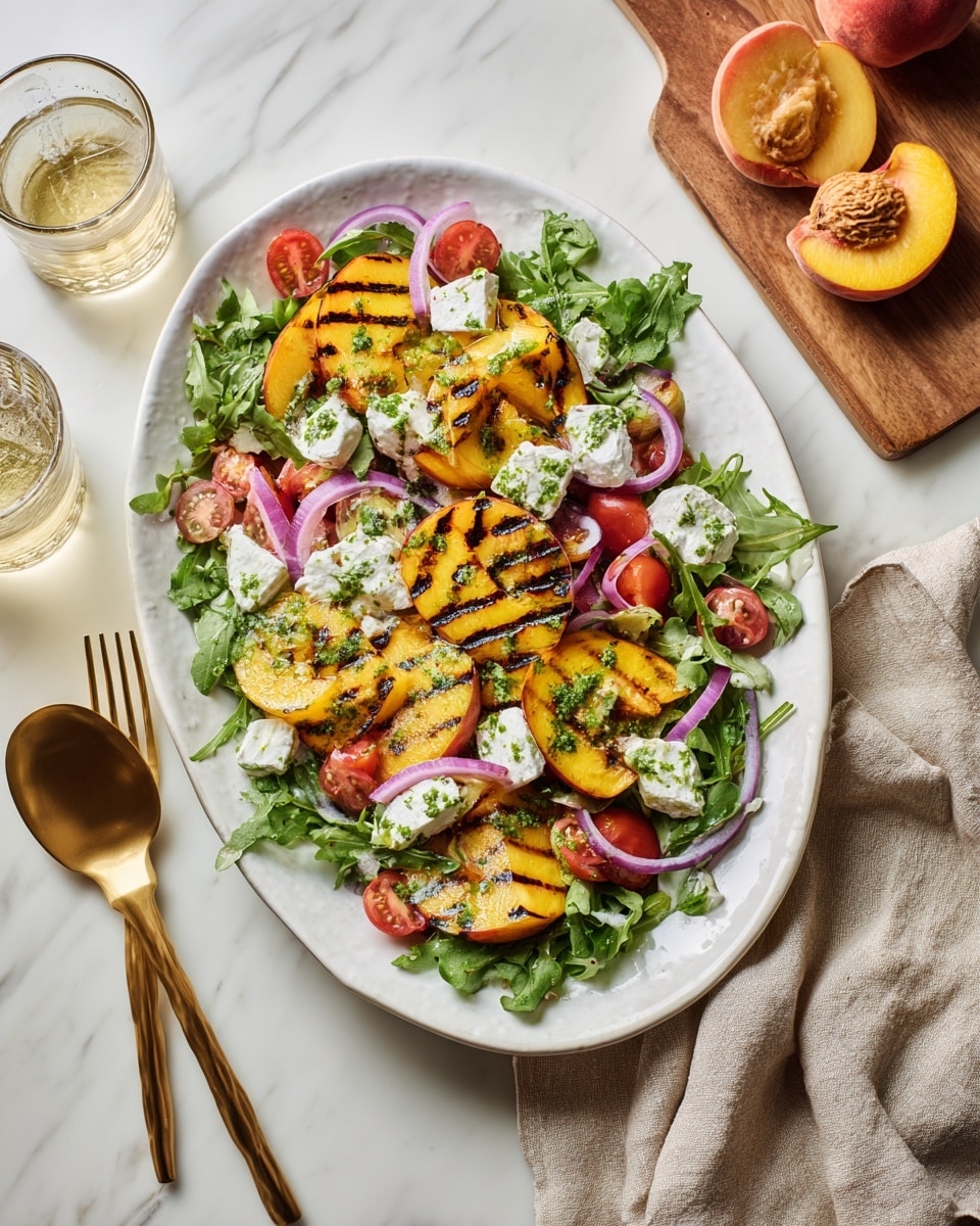 A white oval dish filled with a colorful salad sits on a white marbled surface. The salad is layered with a base of fresh green arugula leaves, topped with several golden grilled peach slices marked with dark grill lines, bright red cherry tomato halves scattered throughout, and thin rings of light purple onion. Dollops of soft, white cheese are placed evenly on top, some drizzled with green herb dressing. To the right of the dish, there is a beige cloth napkin, a brass fork and spoon. Nearby, a wooden cutting board holds a halved peach, and two clear glasses with a light drink sit on the surface. Photo taken with an iphone --ar 4:5 --v 7