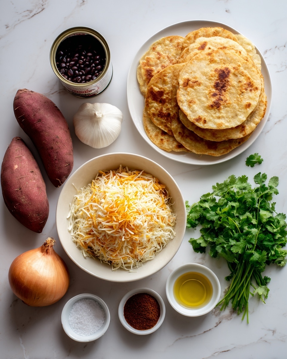 The image shows an arrangement of ingredients on a white marbled surface, featuring a white bowl filled with a mix of shredded yellow and white cheese near the center. To the right, there is a small bunch of fresh green cilantro placed diagonally. Above the bowl, a white plate holds five round, flat, golden-brown tortillas stacked neatly. On the left side, a can of black beans is next to a deep reddish-purple sweet potato. Below, three spice jars (cumin, chili powder, and cinnamon) are lined up horizontally, flanked by a pale brown onion and a small white garlic bulb. There are also three small white bowls, one holding dark red paste, one with light golden olive oil, and one with white salt arranged at the lower part of the image, completing the well-organized display. Photo taken with an iphone --ar 4:5 --v 7