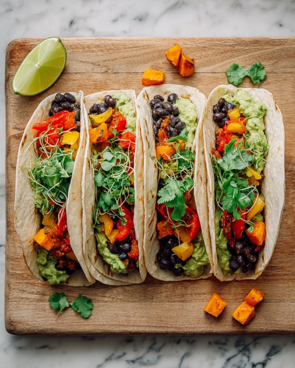 Four soft white tortillas are arranged in a row on a light wooden board with a few small pieces of orange sweet potato and green cilantro leaves scattered around. Each tortilla holds layers starting with a green creamy spread, followed by black beans, diced orange sweet potatoes, red and yellow bell peppers, all topped with light green sprouts. A wedge of lime is placed on the white marbled surface next to the board. photo taken with an iphone --ar 4:5 --v 7