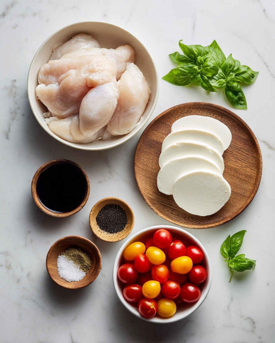 The image shows several ingredients arranged neatly on a white marbled surface. In the top left, there is a white bowl filled with raw chicken. To the right, on a wooden plate, are six slices of white mozzarella cheese stacked evenly. Below the chicken and mozzarella are three small wooden bowls containing dark balsamic vinegar, a dark liquid (likely oil or soy sauce), and a mix of spices including black pepper and salt. Fresh green basil leaves are placed near the bowls. At the bottom right, a white bowl is filled with colorful cherry tomatoes in red, yellow, and orange shades. The overall setup is clean and bright. photo taken with an iphone --ar 4:5 --v 7
