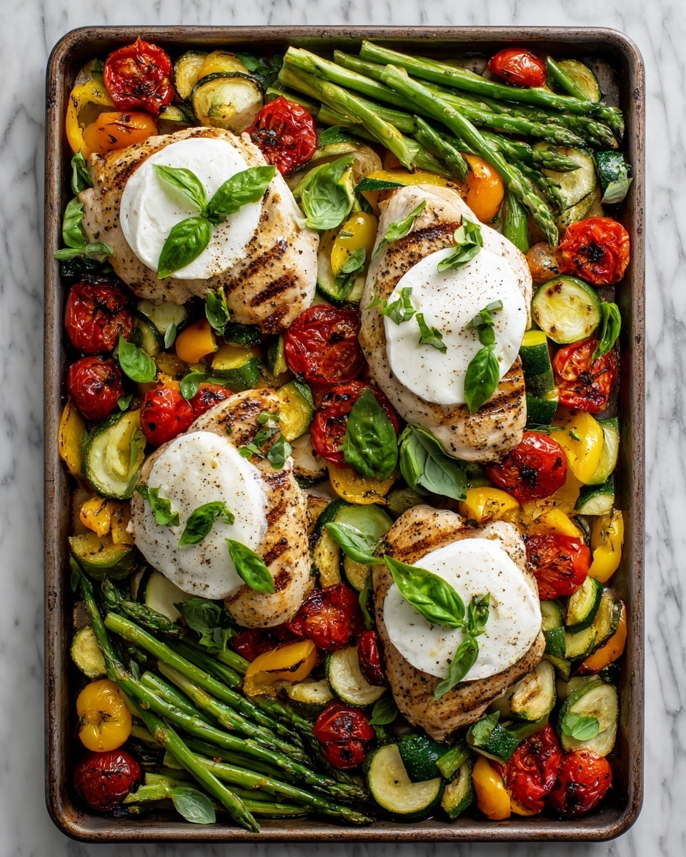 A large baking tray filled with four grilled chicken pieces, each topped with two thick white mozzarella slices, roasted red cherry tomatoes, and fresh green basil leaves. The chicken is surrounded by colorful roasted vegetables including bright green asparagus, yellow bell pepper chunks, green zucchini slices, and more roasted red cherry tomatoes, all with a light roasted texture. The tray is placed on a white marbled surface. photo taken with an iphone --ar 4:5 --v 7