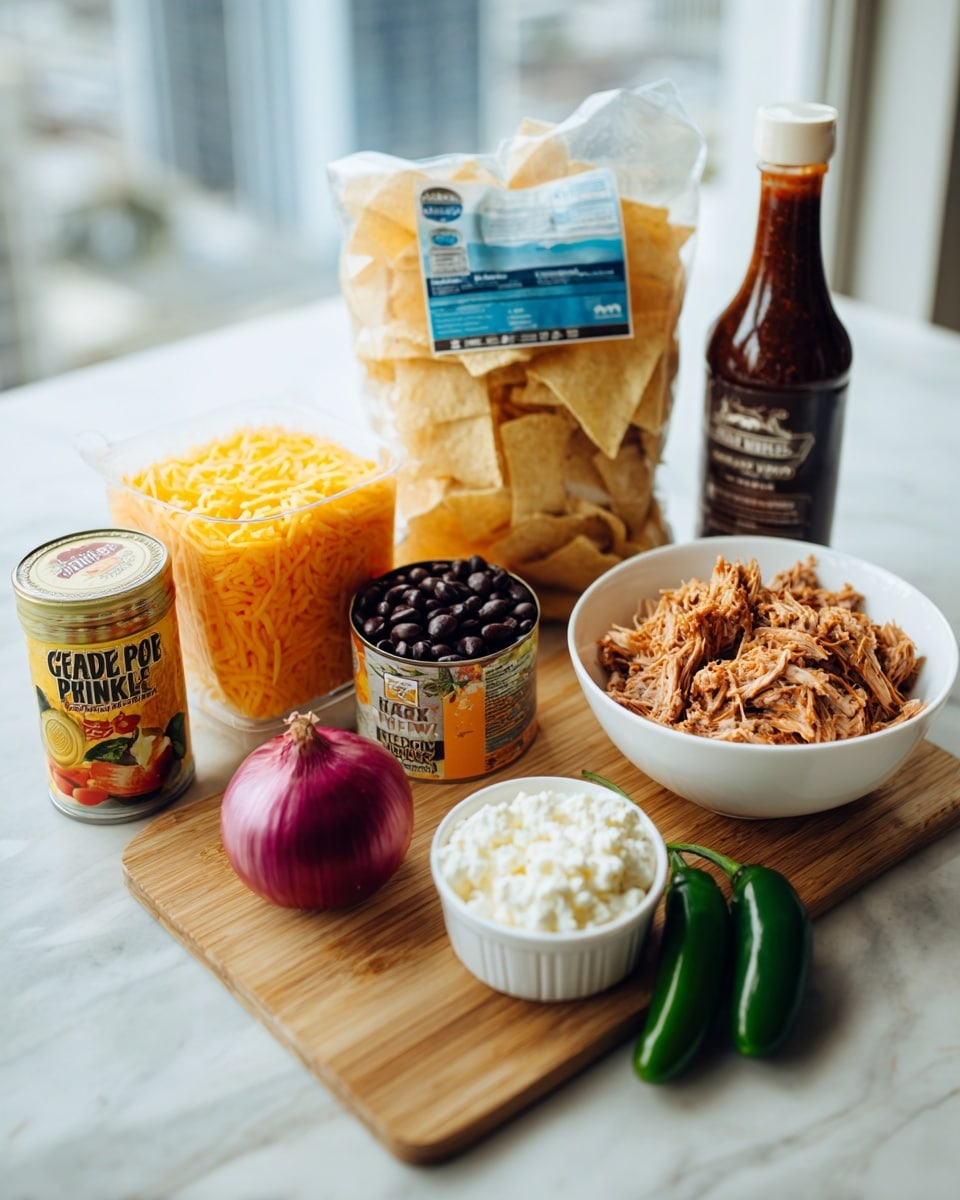 The image shows a wooden board on a white marbled surface holding various ingredients against a blurred indoor background with window light. On the board, there is a pile of tortilla chips in a clear plastic bag with a blue and beige label in the back center. In front and slightly left is an orange bag of shredded sharp cheddar cheese. Next to it is a small can of pineapple chunks in juice and a can of black beans with labels facing forward. A whole red onion sits near the front. On the right side of the board, a white bowl holds a heap of shredded meat beside two green jalapeño peppers. Near the front left corner is a container of white queso fresco cheese. Behind the bowl, a bottle of dark barbecue sauce with a white top stands upright. The scene is lit naturally and looks ready for cooking photo taken with an iphone --ar 4:5 --v 7