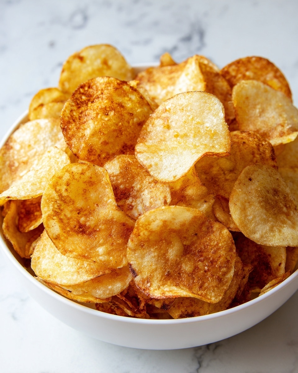 A white bowl filled with a pile of golden brown potato chips that have a crunchy texture, some of them slightly curled and overlapping each other. The chips show small bubbles and crisp edges, giving them a fresh, crispy look. The bowl sits on a white marbled surface that adds a clean and bright contrast to the warm colors of the chips. photo taken with an iphone --ar 4:5 --v 7