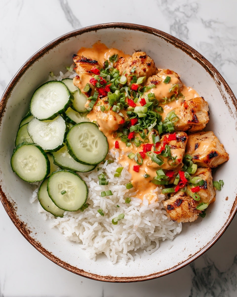 A bowl with three main layers: the bottom layer is fluffy white rice, the middle layer has bright green cucumber slices arranged on one side, and the top layer shows golden-brown grilled chicken pieces coated with a light creamy orange sauce, garnished with fresh green onion slices and small red pepper bits. The bowl is white with a rustic brown rim and is set against a white marbled background. photo taken with an iphone --ar 4:5 --v 7