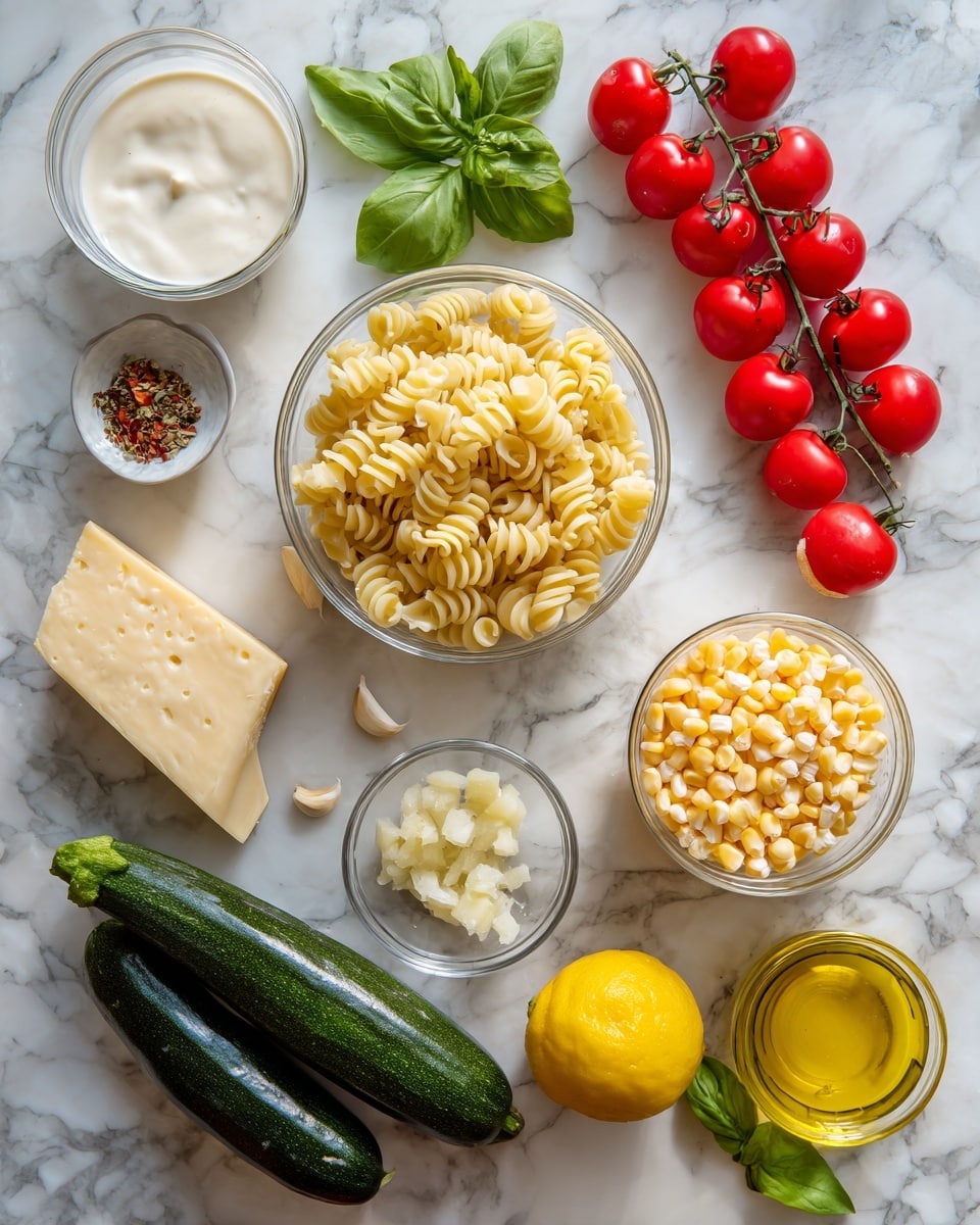 The image shows a white marbled surface with various ingredients placed neatly. At the center right, there is a clear glass bowl filled with spiral-shaped pasta, light yellow in color. Next to it on the right are six bright red small peppers arranged in a line. Above the pasta bowl, there is a small green basil leaf cluster. At the top left, a round glass bowl holds white creamy liquid, and below it is a small round white dish with mixed spices. At the center, a larger glass bowl holds pale yellow corn kernels. Below the corn, there is a small glass bowl with minced garlic. At the bottom left, there is a triangular block of pale yellow cheese and a small glass bowl with golden olive oil. Above the cheese, two long vegetables lie side by side: a dark green zucchini and a yellow squash. To the left, a bunch of red cherry tomatoes still on the vine adds a pop of color. Below the olive oil and cheese is a yellow lemon next to some green basil leaves. All items create a colorful and tidy layout. Photo taken with an iphone --ar 4:5 --v 7