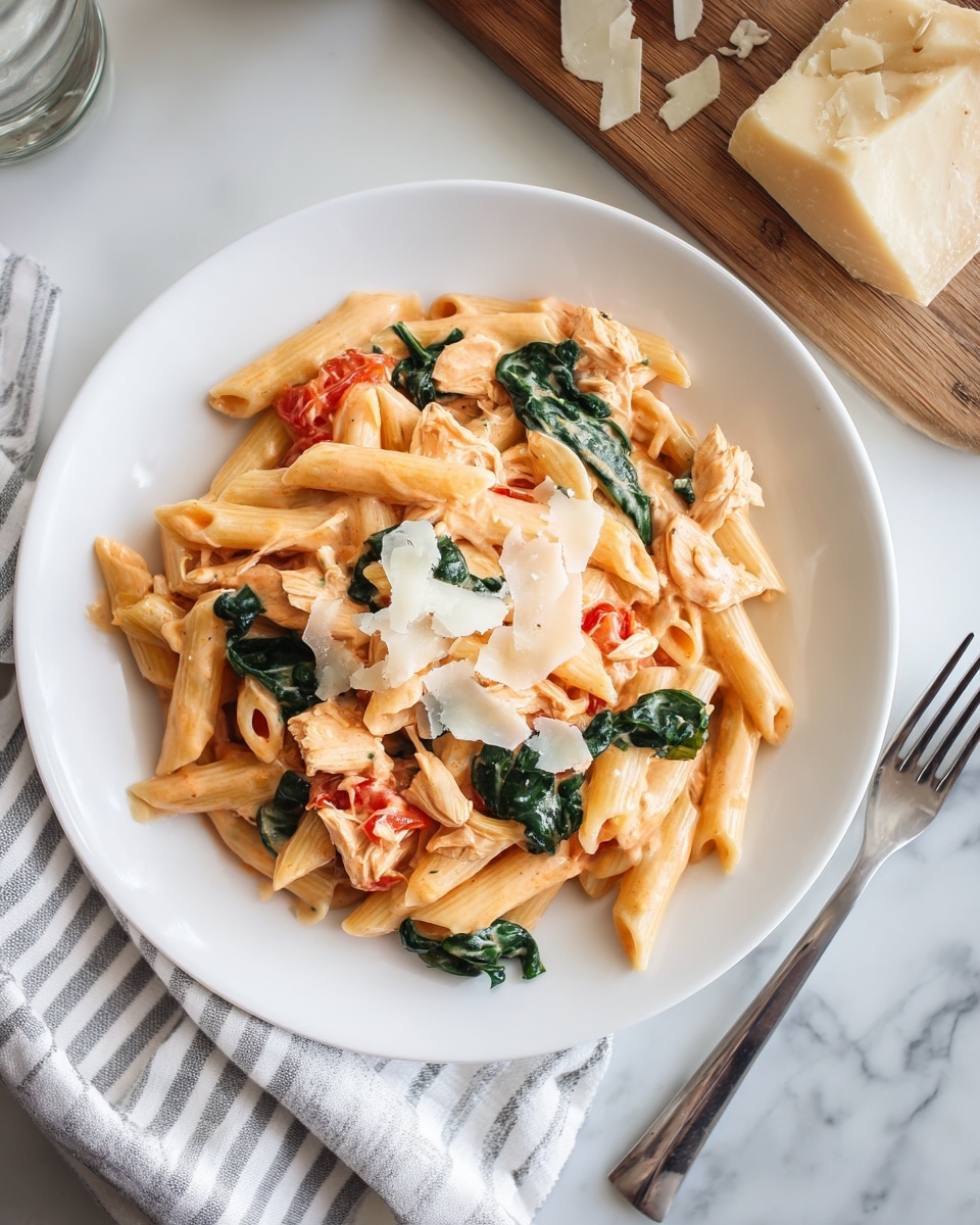 A white plate holds creamy penne pasta mixed with small pieces of cooked chicken, wilted spinach leaves, and chunks of tomato, all coated in a light orange sauce. The pasta is topped with thin, white shreds of cheese scattered unevenly over the top. The plate sits on a white marbled surface beside a wooden board with more cheese shreds and a partial chunk of cheese. A fork and a striped cloth napkin are positioned in the bottom right corner. The colors include pale orange from the sauce, green from the spinach, white from the cheese, and light beige from the chicken. photo taken with an iphone --ar 4:5 --v 7