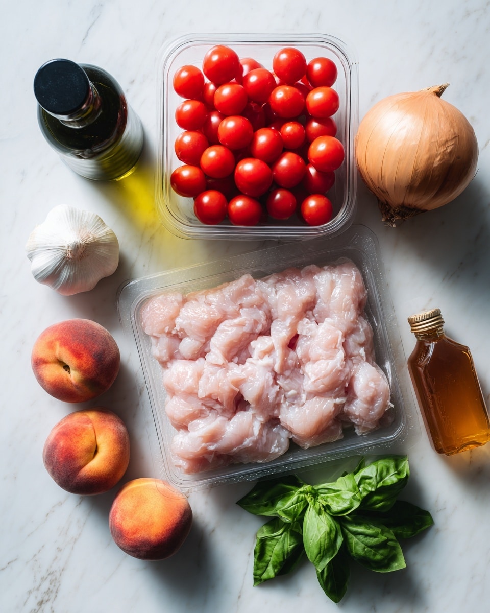 A white marbled surface holds a clear plastic pack of pale pink chicken tenderloins in the center. Above the pack, there is a plastic container filled with small, round bright red cherry tomatoes. To the upper right, a whole round light brown onion and a white garlic bulb are placed. On the left side, a dark green bottle of balsamic vinegar sits next to a tall clear bottle of green olive oil. Two fuzzy orange peaches rest below the chicken pack. On the lower right, a plastic bottle of amber-colored unfiltered honey is placed next to fresh green basil leaves. The arrangement is neat and colorful, with natural lighting highlighting the freshness of the ingredients. photo taken with an iphone --ar 4:5 --v 7