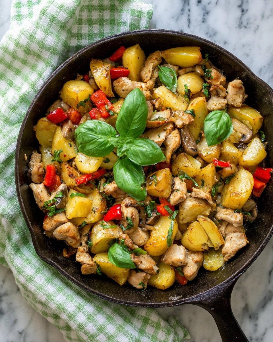 A cast iron skillet filled with cooked light brown chicken pieces spread across the pan, mixed with golden yellow potato wedges and small red bell pepper pieces. There are also some browned mushrooms scattered throughout. Bright green fresh basil leaves are sprinkled on top, adding a fresh touch and color contrast. The skillet sits on a white marbled surface draped with a light green and white checkered cloth. The overall look is hearty and colorful with warm tones and fresh greens. photo taken with an iphone --ar 4:5 --v 7