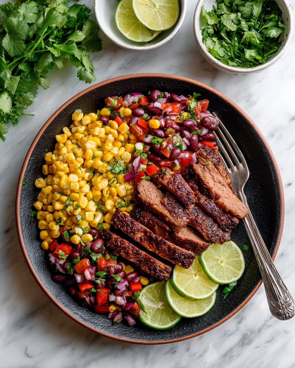A large black plate with a brown rim holds one layer of sliced grilled meat at the bottom, showing a dark brown color and a slightly textured surface. On top, there is a colorful layer of mixed salsa with yellow corn kernels, chopped red tomatoes, dark red beans, small pieces of red onion, and bright green cilantro leaves scattered around. Three lime wedges with a light green color are placed on the right side of the plate. A silver fork is resting on the right edge of the plate. The plate sits on a white marbled surface with two small white bowls next to it, one filled with fresh green cilantro leaves and the other with more of the mixed salsa. Photo taken with an iphone --ar 4:5 --v 7