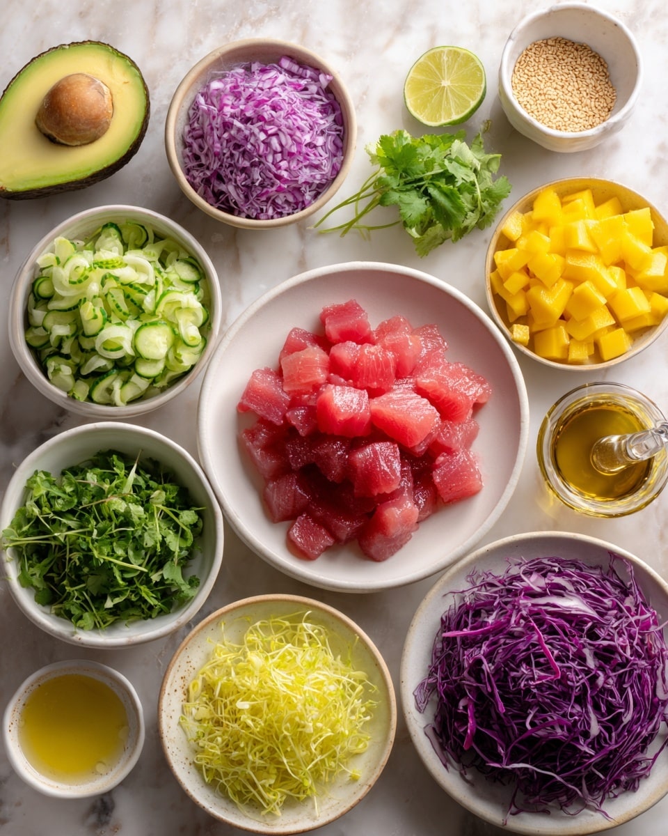 The image shows a top view of several white bowls and small dishes arranged on a white marbled surface. In the center bowl, there are bright pinkish-red chunks of tuna. Surrounding it are bowls with chopped green cucumber, purple shredded cabbage, yellow diced mango, and fresh green microgreens. There is also a small bowl of green cilantro leaves, a bowl with golden sesame seeds, a small dish containing light brown liquid sauce, and a glass jug of light golden oil. A halved avocado with a seed and a halved lime are placed near the bowls, adding green contrast. The arrangement is neat and colorful, showing fresh ingredients ready to be used. Photo taken with an iphone --ar 4:5 --v 7