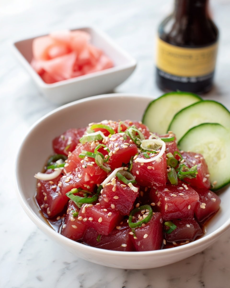 A white bowl filled with vibrant red cubed raw fish mixed with small green scallion pieces and thin beige strips, all topped with white sesame seeds for texture. On the right side of the bowl, there are two green cucumber slices resting against the edge. In the background, there is a small square white bowl filled with pale pink pickled ginger along with a dark brown bottle with a yellow label behind it. The bowl and items sit on a white marbled surface, creating a fresh and clean setting. photo taken with an iphone --ar 4:5 --v 7