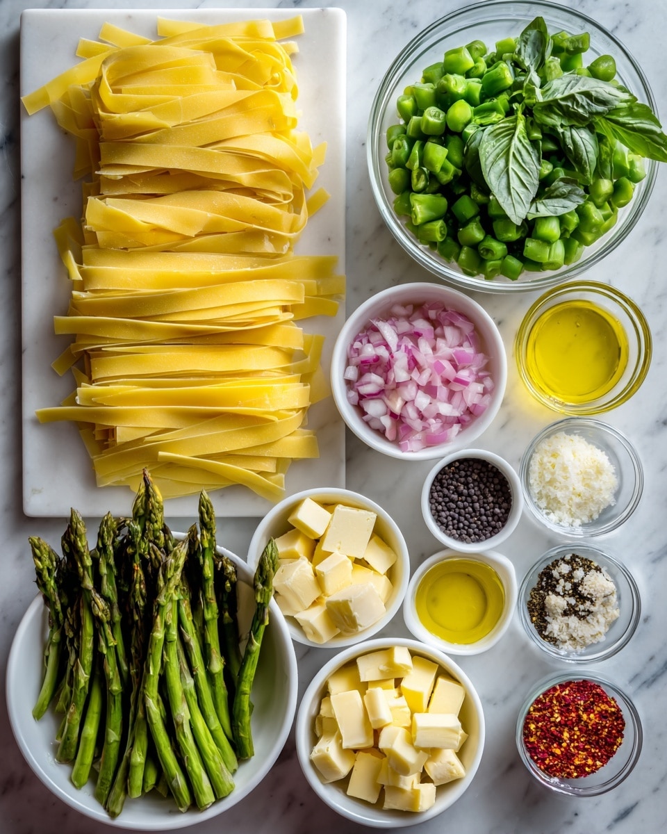 The image shows many ingredients neatly arranged on a white marbled surface. On the left side, wide flat pasta strips are laid out on a white board. Above and to the right of the pasta, there is a small white bowl filled with fresh green basil leaves and a clear glass bowl full of bright green chopped asparagus pieces. To the right side, there are several small round white bowls holding different ingredients: pale yellow cubed butter, grated light yellow cheese, pink diced shallots, minced garlic, grated lemon zest, golden olive oil, white cream, and clear lemon juice. There are also small clear bowls with black pepper, red chili flakes, and white salt. The colors are fresh and bright with a clean layout, all on a white marbled surface. Photo taken with an iphone --ar 4:5 --v 7