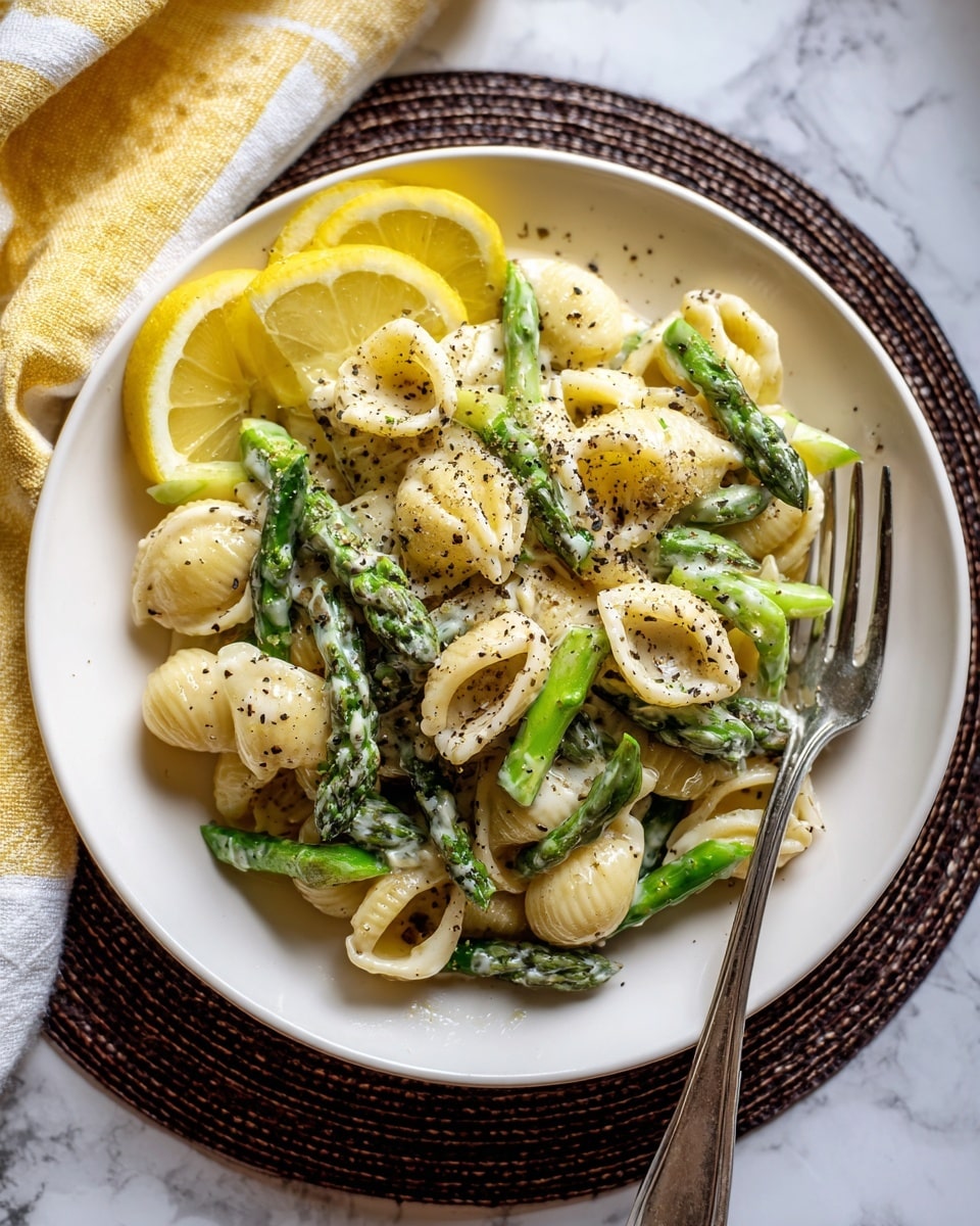 A white plate holds a creamy pasta dish with three layers: the bottom layer is the plate itself, the middle layer shows shell-shaped pasta mixed with bright green asparagus pieces coated in a pale creamy sauce, and the top layer is a sprinkle of black pepper across the pasta. Two thin lemon slices rest on the left side of the plate, and a silver fork lies on the right edge. The plate sits on a round, textured dark brown mat placed on a white marbled surface, with a partly visible yellow and white cloth in the top left corner. photo taken with an iphone --ar 4:5 --v 7