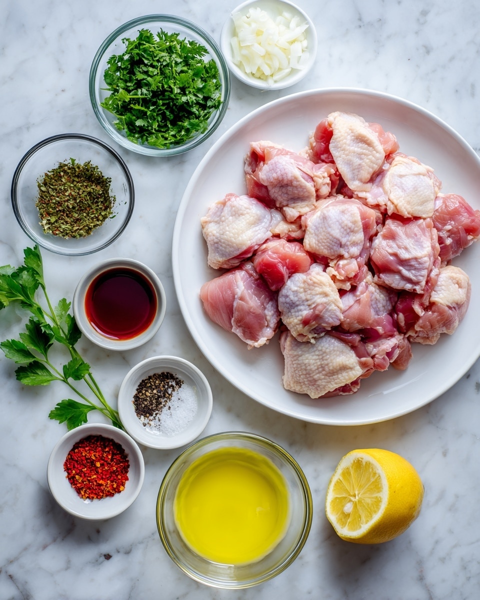 A white plate filled with many pieces of raw chicken thighs sits on the right side on a white marbled surface. Around it are small clear glass bowls with ingredients: at the top left, a bowl of fresh flat parsley leaves; below it, a bowl of fresh cilantro; near the center, a tiny bowl of red chili flakes, a bowl of black pepper, a bowl of salt, a bowl of finely chopped garlic, and a bowl of light yellow olive oil; next to the oil is a bowl of red vinegar. At the top right corner is a small bowl with chopped shallot and next to it a bright yellow lemon. All items are neatly arranged on the marbled surface in a flat lay style. Photo taken with an iphone --ar 4:5 --v 7