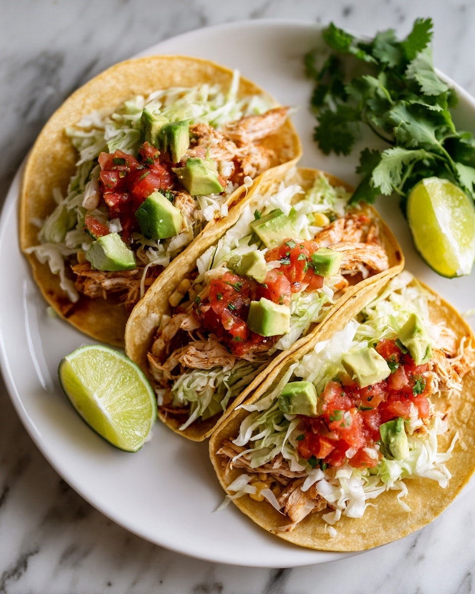 The image shows three tacos on a white plate set on a white marbled surface. Each taco has a warm, slightly toasted corn tortilla holding layers of diced grilled chicken mixed with corn and chopped tomatoes at the bottom. On top of the chicken mix, there is a layer of light green avocado chunks and a generous amount of shredded white cabbage. To the side of the plate, there is a halved lime and some cilantro leaves. The colors are vibrant with the warm yellows of the tortillas, reds from the tomatoes, greens from the avocado and cilantro, and creamy whites from the cabbage. The photo was taken with an iphone --ar 4:5 --v 7