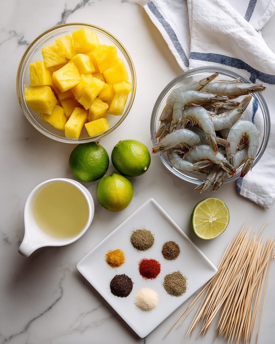 The image shows raw ingredients neatly arranged on a white marbled surface. On the left is a clear glass bowl filled with bright yellow pineapple chunks. To the right, another clear glass bowl holds raw gray shrimp with tails on. Next to the shrimp are two whole green limes and one lime cut in half showing the inside segments. Below the fruit and bowls is a white square plate with nine different spices arranged in small round piles in a circle, showing various colors like brown, black, red, and beige. On the bottom left, there is a white cup with a light yellow liquid inside. At the bottom right are many light wooden skewers lined up side by side. On the top right corner, a white cloth with blue stripes is partially visible. Photo taken with an iphone --ar 4:5 --v 7