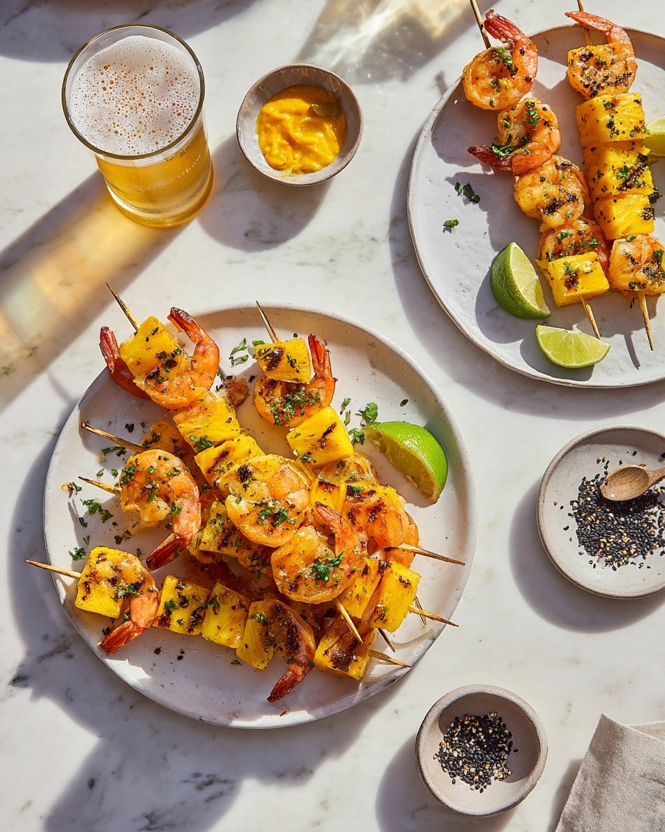 The image shows skewers of grilled shrimp and pineapple chunks on two white plates placed on a white marbled surface. The large plate is full with many skewers, each layered with orange-pink shrimp and yellow pineapple pieces, garnished with chopped green herbs and a lime wedge on the side. A smaller white plate holds two skewers similarly arranged. Around the plates are small bowls, one with a yellow sauce and the other with black sesame seeds. A glass of light beer with frothy foam is also visible in the top left corner. The lighting is bright and natural, creating sharp shadows. photo taken with an iphone --ar 4:5 --v 7