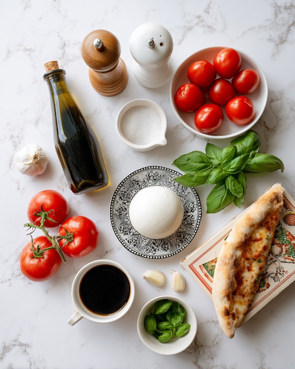 The image shows ingredients spread out on a white marbled surface. In the center, there is a small round ball of white mozzarella cheese placed on a small decorative black and white dish. To the left of the cheese, a dark green bottle of olive oil lies horizontally next to a small white jar with a wooden pepper mill on top and a white small bowl containing salt. Above these, a white bowl is filled with bright red cherry tomatoes. Near the bottom left, there are three whole red tomatoes with green stems. To the right of the cheese, there is a small white cup containing a dark liquid, most likely balsamic vinegar. Next to it, a large green basil leaf is placed flat on the surface, and below it is a small white bowl with more green basil leaves. To the right of the basil, there is a rectangular box with a pizza crust picture on it. Two garlic cloves are in a small white bowl between the cheese and tomatoes. The overall scene looks clean and fresh, arranged neatly on the marbled surface. Photo taken with an iphone --ar 4:5 --v 7