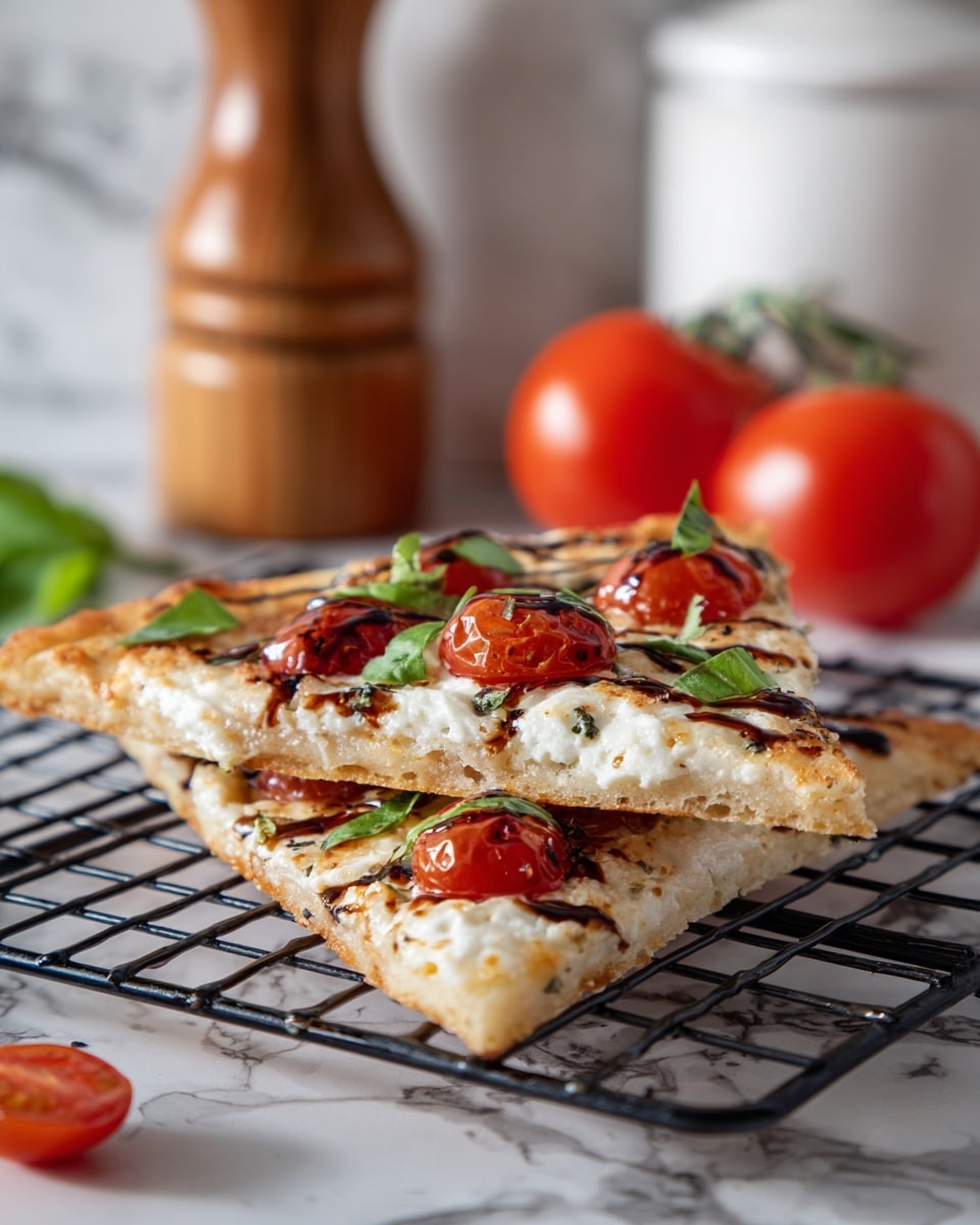 The image shows two triangular slices of flatbread pizza stacked on a black wire cooling rack. The flatbread has a light golden crust with a soft, white bubbly cheese layer on top. Cherry tomato halves and thin strips of fresh green basil are scattered across the cheese. There are thin dark brown lines of balsamic glaze drizzled artistically across the slices. The background is a white marbled surface with a wooden pepper grinder and a white container blurred behind, and a whole tomato with green stem in the foreground. Photo taken with an iphone --ar 4:5 --v 7