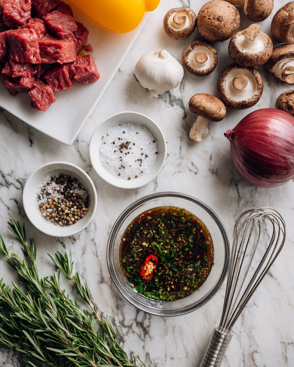 The image shows many ingredients on a white marbled surface. At the center, there is a clear glass bowl with a dark sauce mixed with green herbs, light spices, and a small piece of red chili, next to a silver whisk on the right. To the left, there are two small white bowls filled with coarse salt and mixed peppercorns. At the top left, there is a white plate with raw red meat cubes, and behind it is a yellow pepper partly visible. On the top right side, there are several brown mushrooms clustered together, a bulb of garlic slightly peeled, a bunch of fresh rosemary, and a red onion. The whole scene is bright and fresh. Photo taken with an iphone --ar 4:5 --v 7