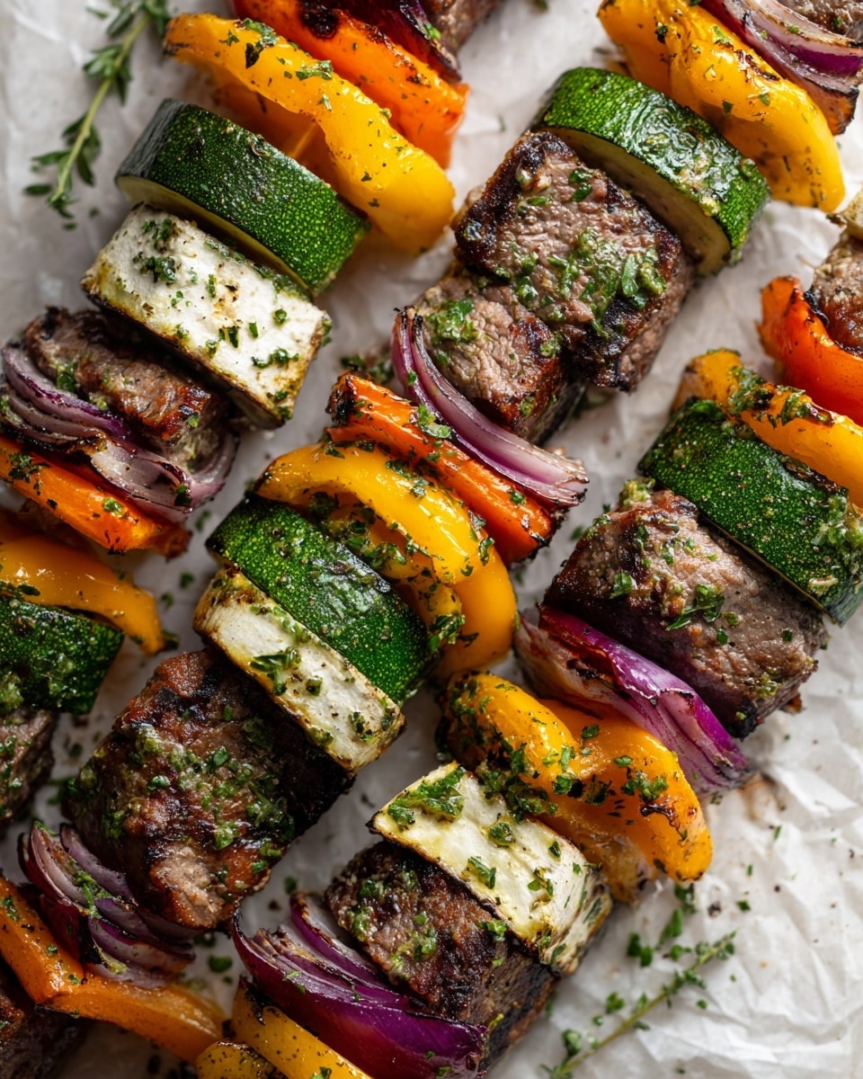 The image shows several long white metal skewers on a white marbled surface lined with parchment paper. Each skewer has layers of grilled vegetables and meat spaced evenly. The vegetables include orange bell pepper slices, green zucchini slices with dark green skin, yellow bell pepper slices, and pieces of red onion with purple skin. The meat chunks are brown with grill marks and sprinkled with green herbs. The vegetables look slightly charred at the edges, showing a mix of bright colors and cooked textures. The skewers are placed parallel, filling the frame. photo taken with an iphone --ar 4:5 --v 7
