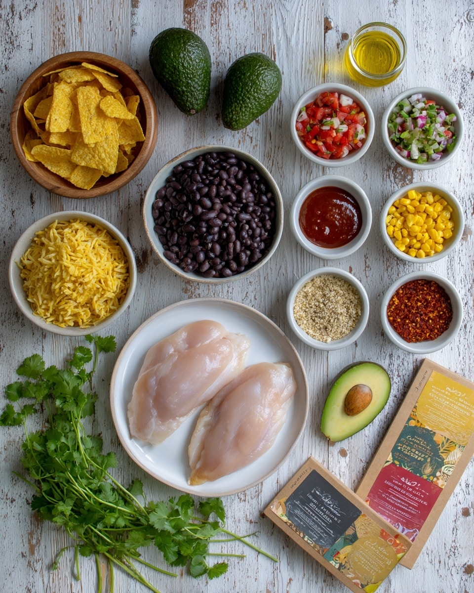 The image shows a top-down view of various ingredients arranged on a wooden surface with a white marbled texture background. In the center bottom is a white plate with two raw, pale pink chicken fillets, slightly overlapping each other. Around them are two whole dark green avocados, one placed to the left and one to the right of the plate. Above the plate is a small glass with a golden olive oil liquid inside. To the upper right, there are five small white bowls laid out in two rows: the top row has black beans in the left bowl and a fresh salsa mix of red tomatoes, white onions, and green herbs in the right bowl; the bottom row holds a dark red BBQ sauce in the left bowl, bright yellow corn kernels in the middle bowl, and a mix of spices with red, black, and white textures in the right bowl. To the far left, there is a wooden bowl filled with crunchy pale yellow tortilla strips. A few sprigs of fresh green cilantro are placed near the wooden bowl. Two boxed food packages with colorful designs lie to the far right, one showing yellow rice and the other a chicken broth soup. A woman's hand holding a fork is visible finishing a portion of the rice on the right side. The photo taken with an iphone --ar 4:5 --v 7