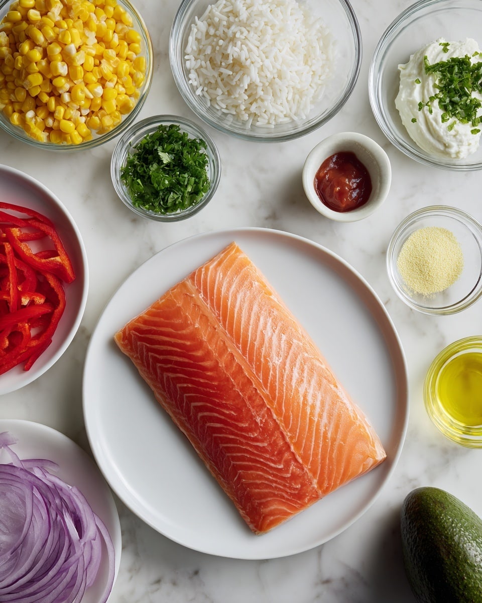 A white plate in the center holds a fresh, orange fish fillet with smooth texture and fine lines running along the flesh. Above the plate, there are small clear glass bowls arranged in a neat semicircle, containing white cooked rice, green chopped herbs, red sauce, and thick white cream. On the left side, a small bowl contains bright yellow corn, and below it, a bowl with thin, purple onion slices. At the bottom left corner, a bowl is filled with vivid red pepper strips. To the right of the white plate, small bowls hold golden liquid, white powder, and a pale green zest, along with a whole dark green avocado on the white marbled surface. The scene is bright and clean with all items clearly visible. Photo taken with an iphone --ar 4:5 --v 7