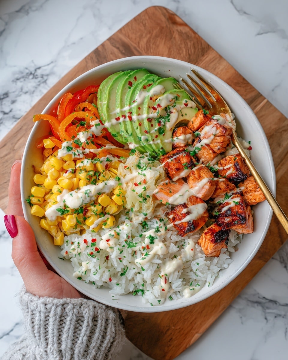A white bowl filled with five clear layers. At the base is white rice mixed with small green herbs, covering the right side. Next to the rice, sliced light green avocado slices fan out. Above and to the left of the avocado are bright yellow corn kernels. To the left side of the bowl, there are thin strips of orange and red cooked vegetables, likely bell peppers and onions. On top of the vegetables and center of the bowl rests grilled chunks of dark orange and brown salmon, showing crisp edges. The whole dish is lightly drizzled with a creamy white sauce and sprinkled with small red chili flakes and chopped green herb garnish. A gold-colored spoon rests inside the bowl on the left edge. The bowl sits on a wooden board on a white marbled surface with a woman's hand nearby holding the bowl’s side. Photo taken with an iphone --ar 4:5 --v 7