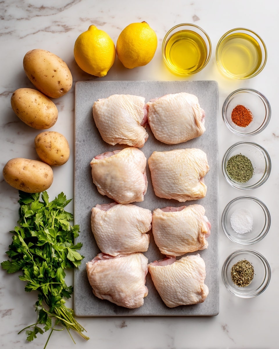 The image shows eight raw chicken thighs with skin on, arranged in two rows on a gray cutting board placed on a white marbled surface. To the left of the cutting board, there are three whole potatoes with light brown skin lined up vertically with some spacing. Above the potatoes, two whole yellow lemons and a garlic bulb sit side by side. Further up is a clear glass cup of yellow olive oil. Between the potatoes and chicken, six small clear glass bowls hold different spices and seasonings, including salt, pepper, paprika, and dried herbs. Near the bottom left corner, there is a bunch of fresh green herbs arranged slightly spread on the white marbled surface, along with a clear glass cup of light yellow broth. The whole setup is evenly lit and neatly organized, with a clean, fresh look. photo taken with an iphone --ar 4:5 --v 7