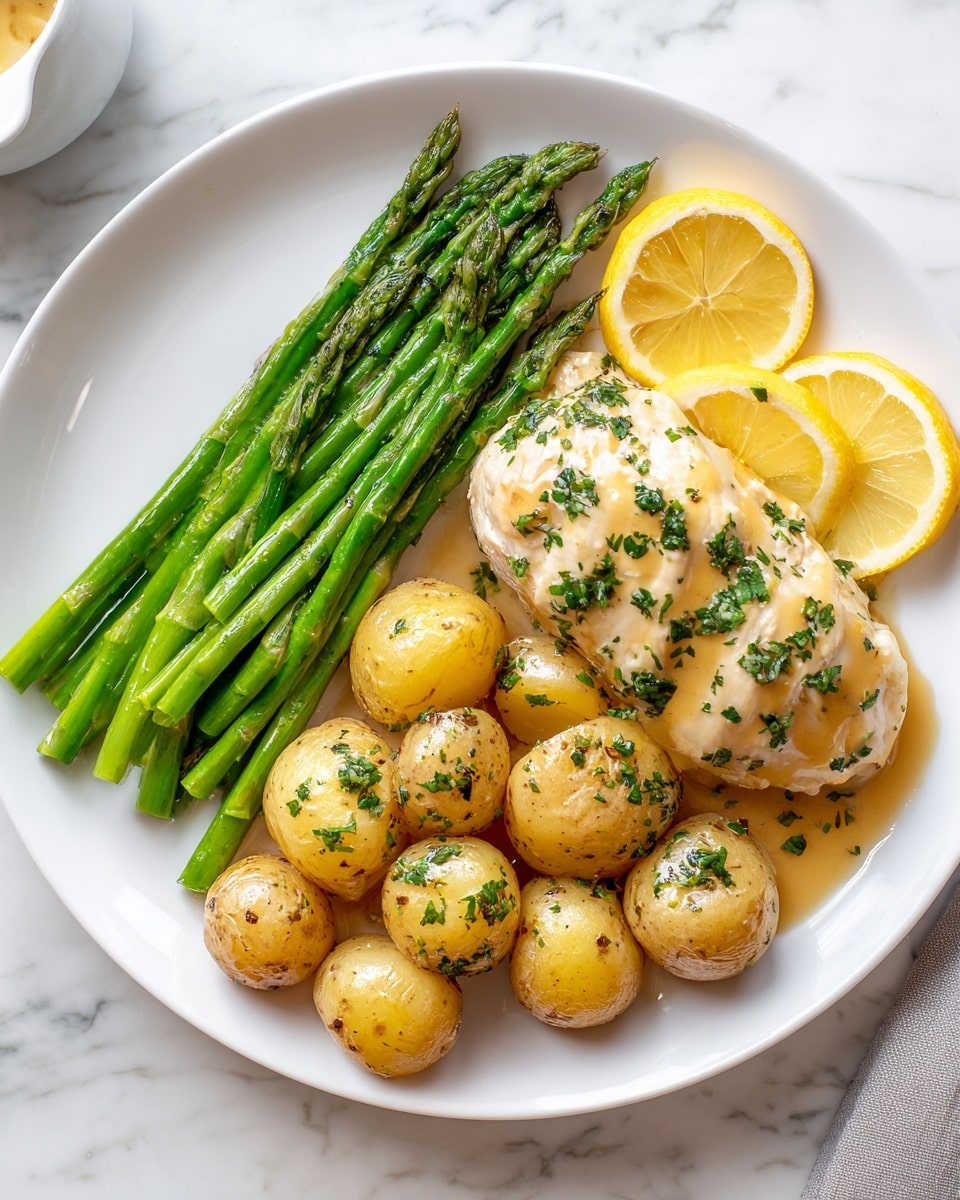 A white round plate with three main layers: on the right side, a row of bright green asparagus spears arranged neatly with two light yellow lemon slices resting on top near the center-right edge; in the middle, a large cooked chicken piece covered in a shiny light brown sauce with small green herb flakes sprinkled over it; on the left side, a pile of golden brown small potatoes with specks of herbs and slight shine as if lightly coated in oil; the plate sits on a white marbled surface, and a small white sauce dish is partially visible in the upper left corner. photo taken with an iphone --ar 4:5 --v 7