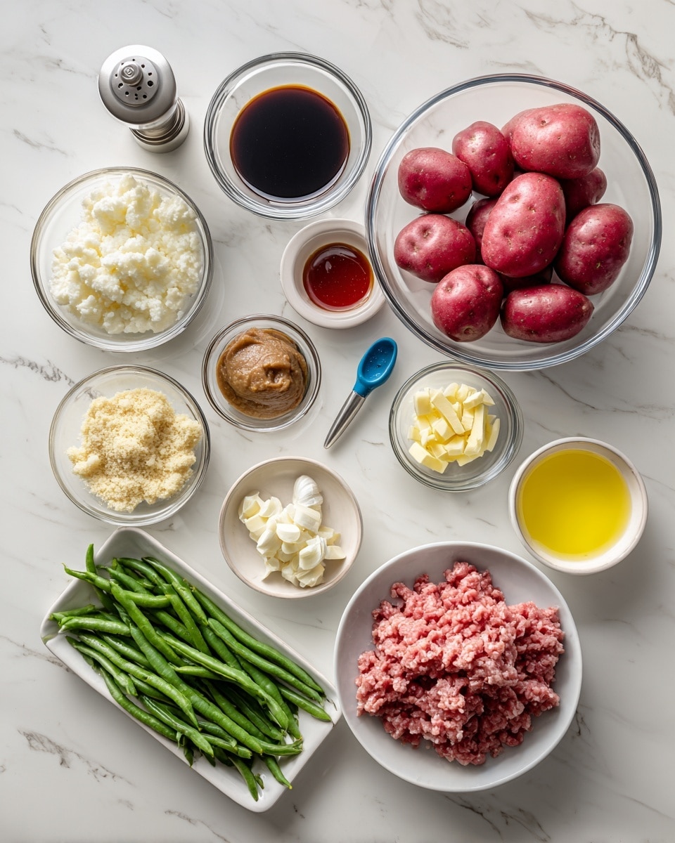 The image shows several ingredients laid out on a white marbled surface. In the center right is a clear bowl filled with red-skinned, halved potatoes. To the left of the potatoes, there is a small clear bowl containing a white creamy substance. Below that, in a white bowl, is a crushed crumb-like mixture. Below and to the left is a tray holding raw minced meat. To the left of this, there are fresh green beans laid out in a bunch. Above the crumb mixture is a small clear bowl with brown paste, and slightly to the right is a clear bowl with minced garlic. Next to that is a cup filled with yellow liquid, likely melted butter. Above these are two larger clear bowls, one containing a dark sauce and the other a small amount of black paste. A pepper grinder and a bottle of oil stand at the top left corner. There is also a blue measuring spoon filled with a red thick sauce placed near the crumb mixture. The arrangement is clean and bright, with all items clearly visible. Photo taken with an iphone --ar 4:5 --v 7