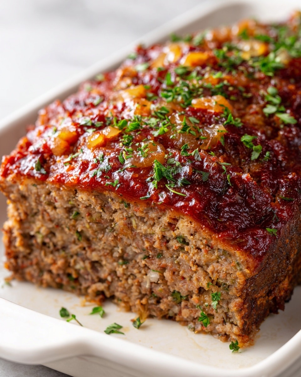 This image shows a close-up of a baked meatloaf in a white dish resting on a white marbled surface. The meatloaf has two main layers: the bottom layer is a dense, textured brown meat, and the top layer is a chunky, orange-brown glaze with small bits that look like cooked onions or vegetables. Scattered green herbs are sprinkled on top, adding a fresh pop of color. The edges of the dish are visible with one corner showing a smooth, thick white rim. The photo taken with an iphone --ar 4:5 --v 7