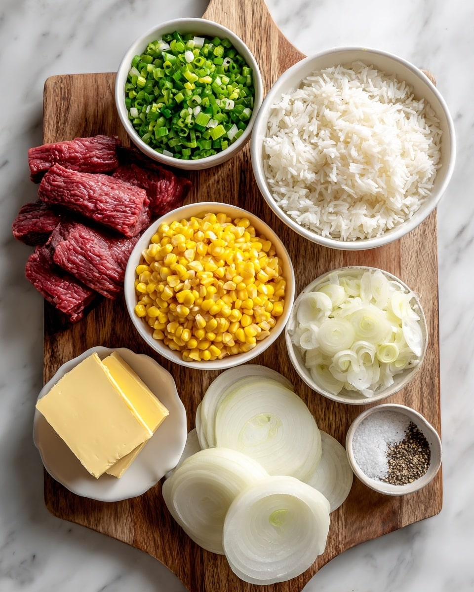The image shows a wooden cutting board on a white marbled surface with several ingredients arranged neatly. There is a white bowl filled with fluffy white rice on the top right, a white bowl of bright yellow corn kernels in the middle top, and a white bowl of chopped green onions on the top left. Thin slices of raw red meat are placed on the bottom left of the board. In the center is a small white bowl with two slabs of yellow butter. To the right of the butter are sliced white onions arranged in a fan shape. At the bottom right corner, there is a small white bowl holding salt and pepper. photo taken with an iphone --ar 4:5 --v 7