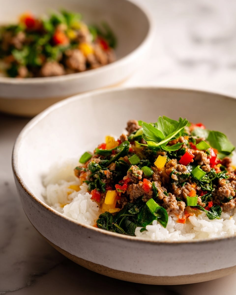 The image shows two white bowls on a white marbled surface, each filled with a layer of white rice at the bottom and topped with a mix of cooked ground meat and small diced vegetables including green, red, and yellow pieces, with a slightly moist texture. The bowl in the foreground is in clear focus, displaying the detailed texture of the ingredients, while the bowl in the background is blurred. The scene is lit softly, highlighting the warm and fresh look of the dish. photo taken with an iphone --ar 4:5 --v 7