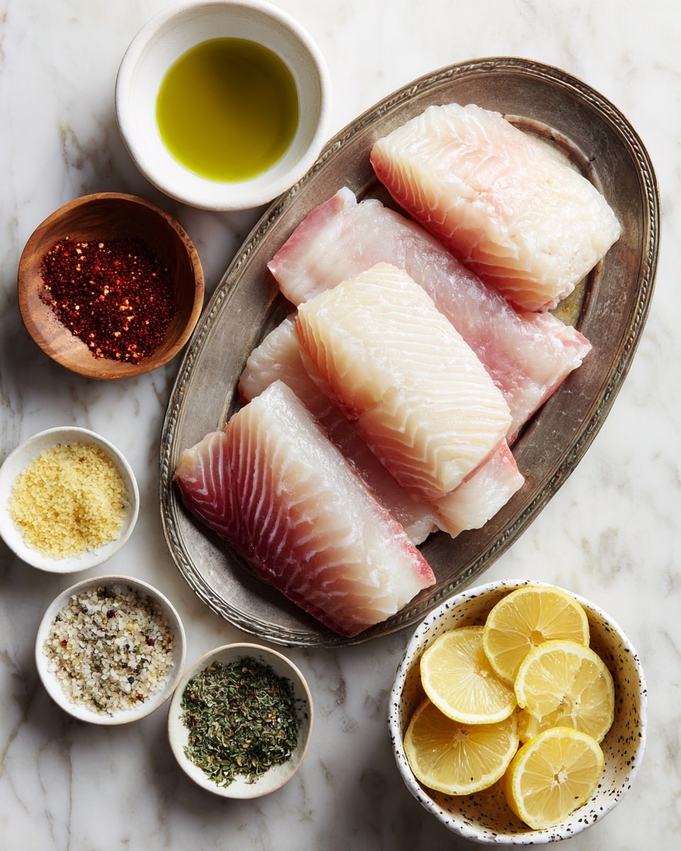 Four raw fish fillets with a light pink and white marbled texture are neatly arranged on a large oval aged metal tray. Surrounding the tray are small bowls placed on a white marbled surface: a white bowl at the top holds olive oil with a greenish-yellow color, a small wooden bowl to the left contains a red spice powder, and three small white patterned bowls hold light yellow granulated seasoning, dried green herbs, and a white and black mixed seasoning. At the bottom right, a white bowl with a black rim is filled with several lemon wedges showing their bright yellow and juicy inside. Photo taken with an iphone --ar 4:5 --v 7