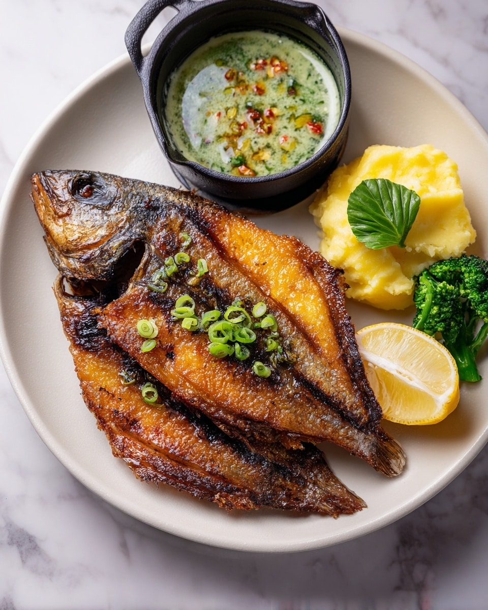 Two golden-brown grilled fish pieces with a crispy skin are placed on a large white plate on a white marbled surface. On top of the fish, there are a few small green onion slices for garnish. To the right side, there is a small portion of light yellow mashed potatoes with a small green leaf on top, a piece of green broccoli, and a quarter slice of lemon. On the left side, there is a small black cast iron dish filled with a light green sauce that has red and green bits in it. The photo taken with an iphone --ar 4:5 --v 7
